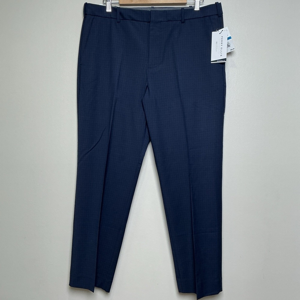 Perry‎ Ellis Portfolio Mens Modern Fit Stretch Resolution Dress Pants 36x29 Navy